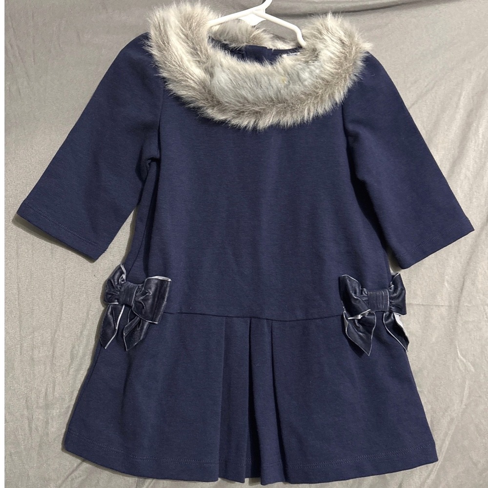 Janie and Jack Dress 2T Navy Blue Preppy Faux Fur Collar Bows Pleated Holiday